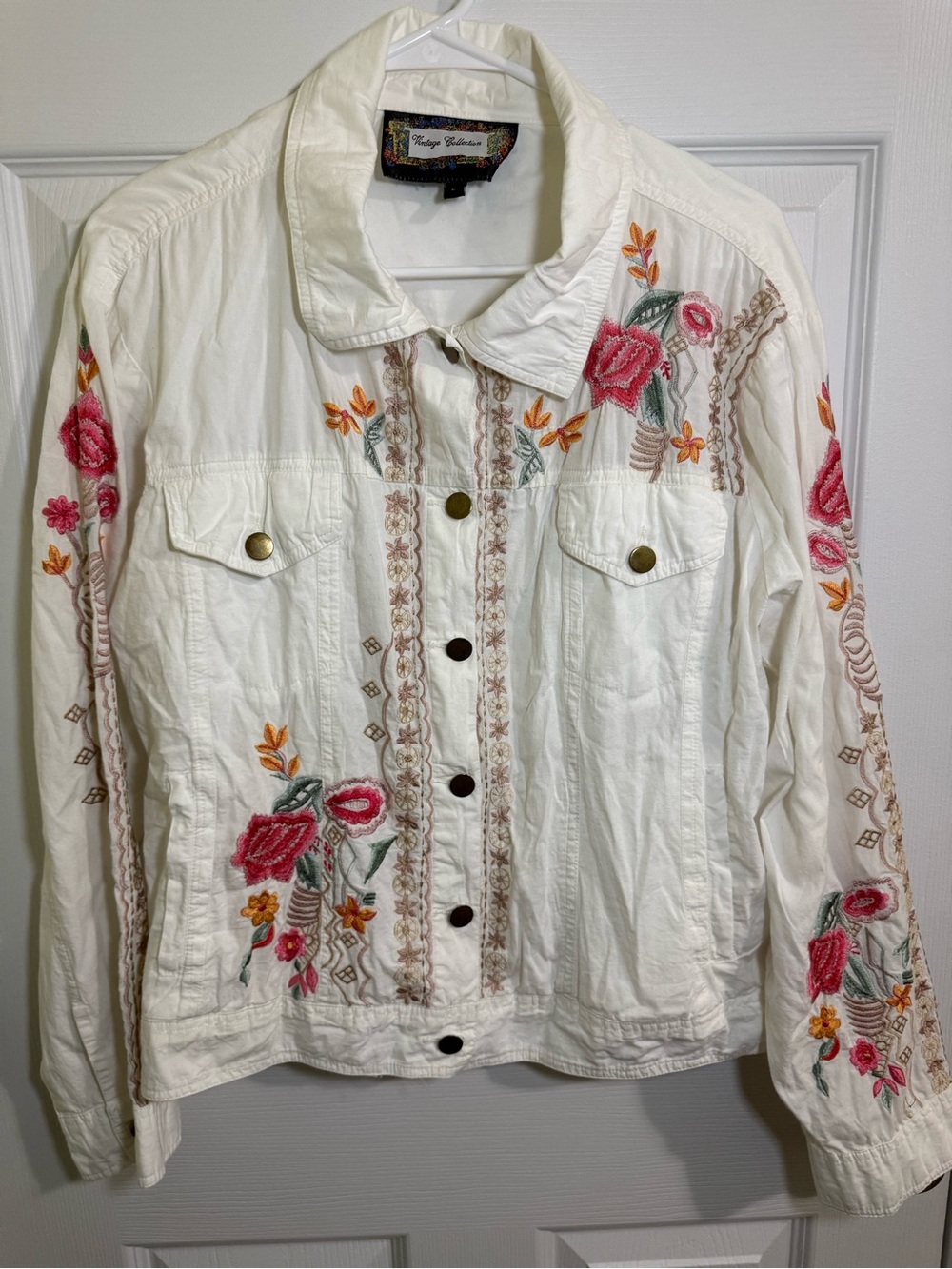 White Embroidered Floral Light Weight Jean Jacket by Vintage Collection